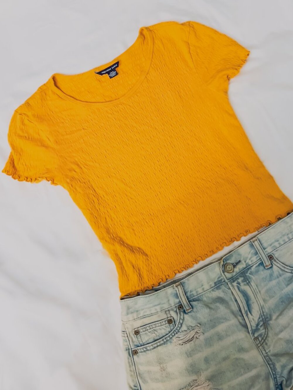 American Eagle Mustard Yellow Smocked Baby Tee Lettuce Hem Short Sleeve Size M